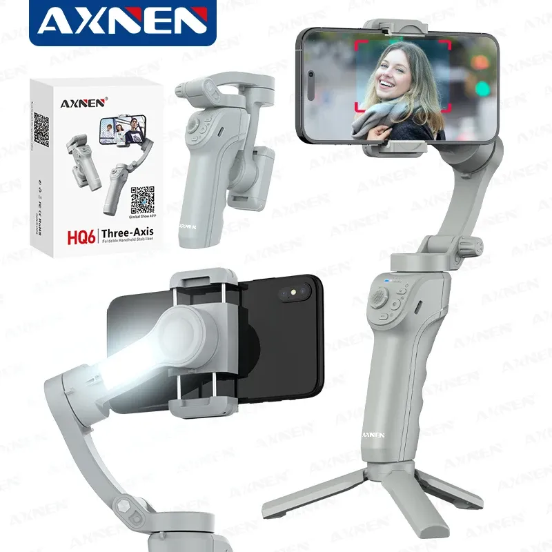 HQ6 3-Achsen-Gimbal-Handstabilisator für Mobiltelefone, mit Fülllicht, Gesichtsverfolgung, für Android iPhone Anti Shake Video Record