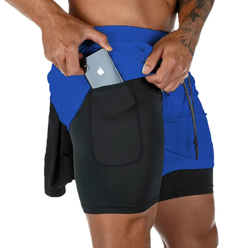 Doppelschichtige Fitness-Shorts für Herren, Kordelzug, Netzfutter, elastische Taille, atmungsaktiv, schnell trocknend, für Strand, Pool, Sommer, männlich