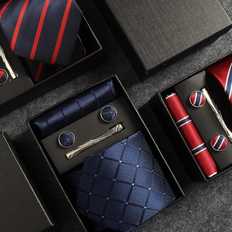 Klassische Herren-Krawatten aus 100 % Seide in Geschenkbox, 8 cm, kariert, gepunktet, gestreift, Business-Krawatte, Taschentuch, Manschettenknöpfe, Hochzeit, Party, Krawatten-Set