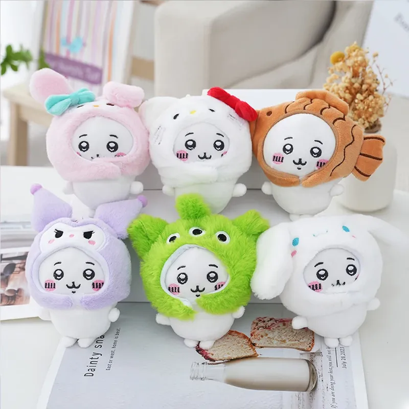 Süße Cross-Dressing Chiikawa Plüschpuppe Hachiware Taiyaki Kopfbedeckung Selbstverteidiger Bär Schlüsselanhänger Taschenanhänger Mädchen Geschenk