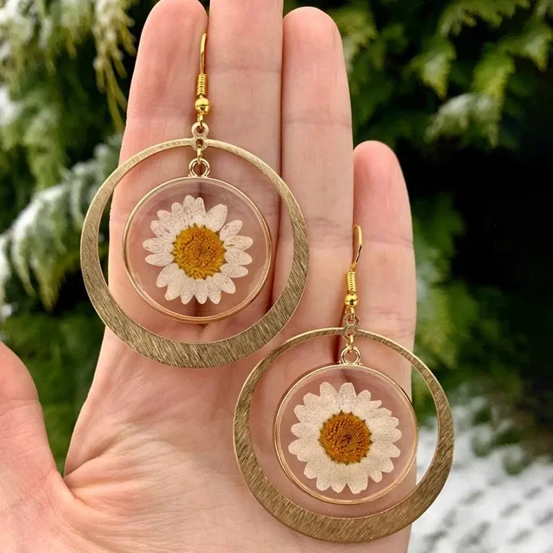 Natürliche weiße Gänseblümchen gepresste Ohrring Boho Aussage gepresste Blume Ohrringe niedlichen Gänseblümchen Ohrring Mode Boho Party Schmuck