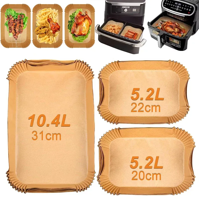 Große rechteckige Einweg-Papiereinlage für Luftfritteusen, 31 cm, antihaftbeschichtetes Airfryer-Pergament, spezielles Backpapier für 3–9 QT-Kochkorb