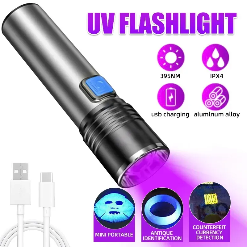 395 nm UV-Taschenlampe, Schwarzlicht, zoombar, über USB wiederaufladbar, UV-Licht, UV-Taschenlampe zur Erkennung von Haustier-Urin, Harzhärtung