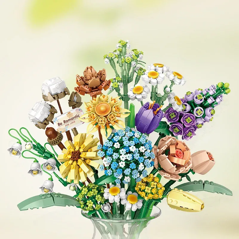 Romantische Rosen, Blumen, Sonnenblumen, Narzissen, Gärten, Haus, Bausteine, klassisches Modell, Mini-Steine, Sets, Kinder-Sets