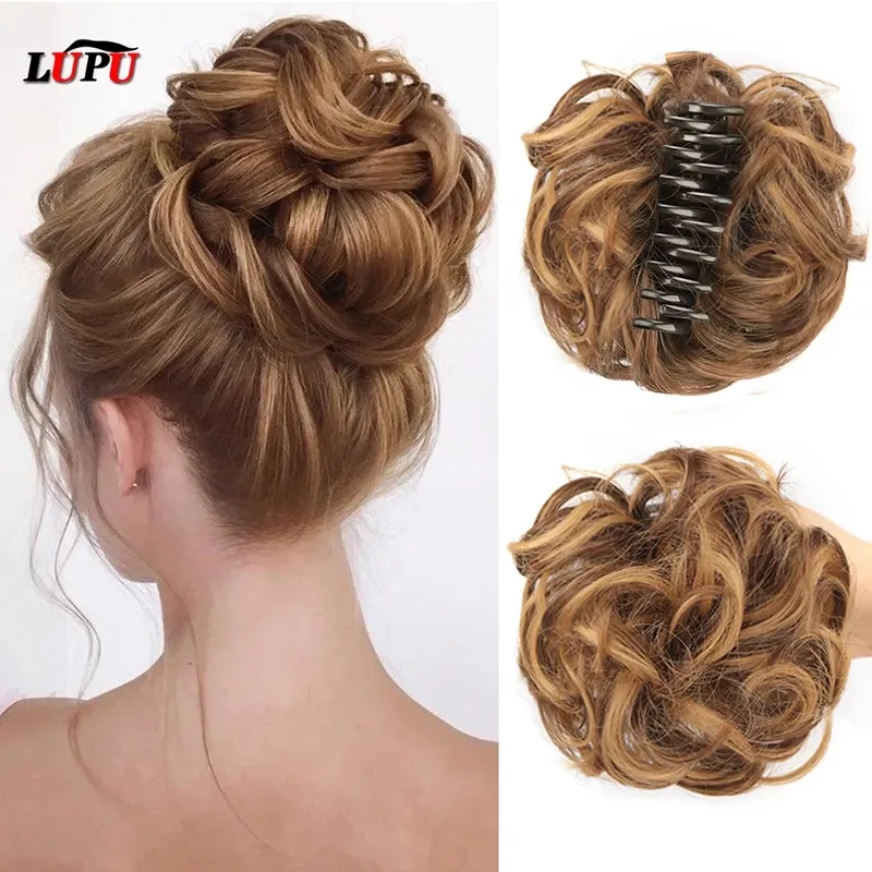 LUPU Synthetischer Chignon Messy Bun Claw Clip-in-Haarteil, gewelltes, lockiges Haarknoten, Pferdeschwanz-Erweiterungen, Scrunchie-Haarteile für Frauen