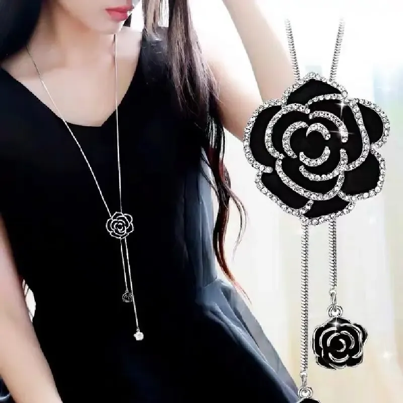 1PC Damenmode Metall Schwarz Rose Lange Halskette Pullover Kette Zubehör Geeignet für Reisen, Party, Festival Geschenke- 802156