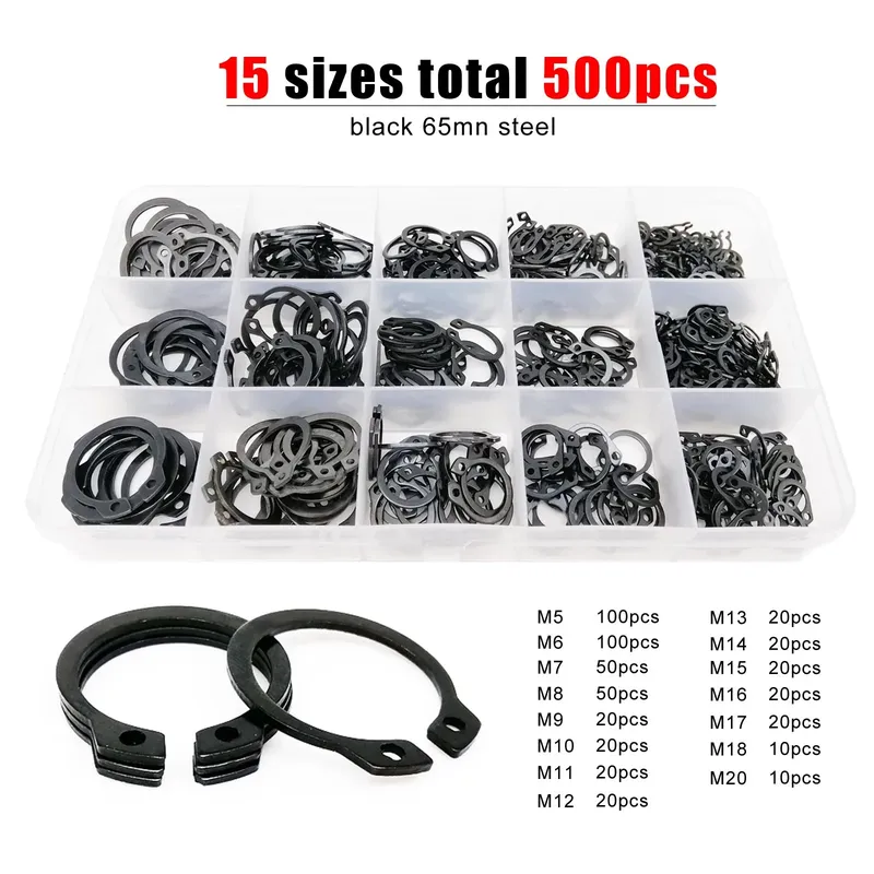 500 Stück/Box C-Typ Außensicherungsring Clip Snap Ring Mix 15 Größen M5 bis M20 Kit Set für Wellenlagerhaltung Schwarz 65mn Stahl