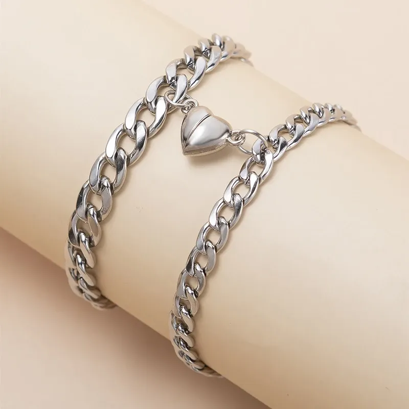 2 Teile/satz Magnet Paar Armbänder Herz Attraktion Armband Edelstahl Charme Einfache Kubanischen Ketten Key Lock Schmuck Geschenke