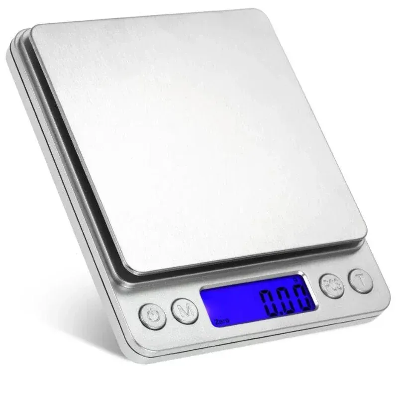 Pocket Case Digitalwaage Elektronische Waage 3 kg 0,1 g / 500 g 0,01 g Schmuckwaage Lebensmittel Küchenwaage Silber mit 2 Tabletts