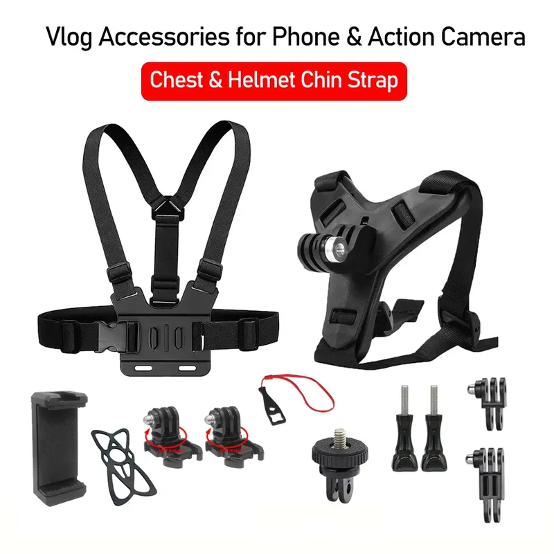 12-in-1-Vlog-Zubehörset für Handys und Action-Kameras, Outdoor-Reiten, Motorradhelm, Kinnriemen für GoPro Hero 12 11 9