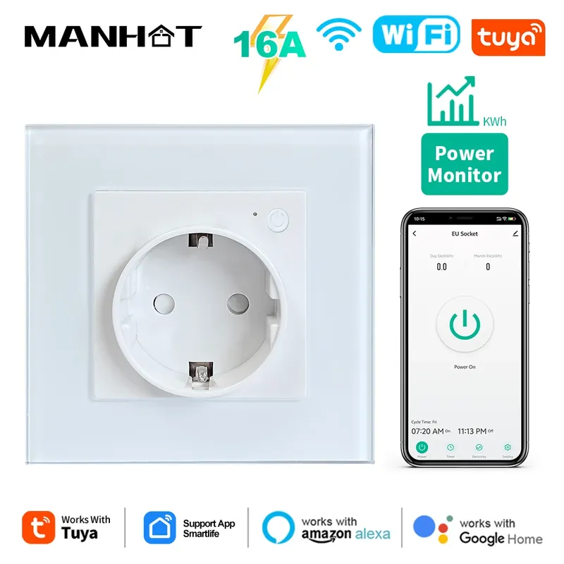 Tuya Smart Wifi EU Steckdosen 16A Power Monitor Steckdose 110V-250V Power Steckdosen mit Glas Panel unterstützung Google Home Alexa
