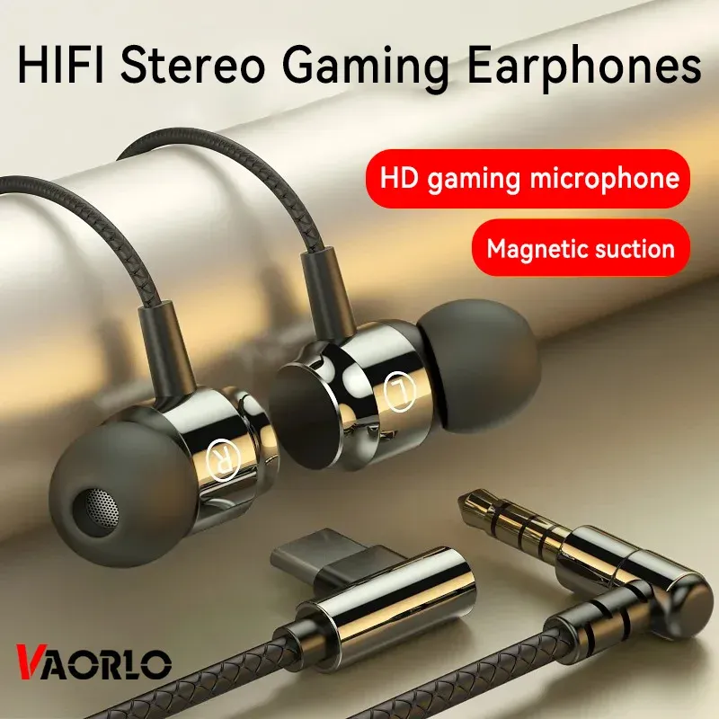 Magnetische kabelgebundene Ohrhörer aus Metall mit 3,5-mm-L/TYPE-C-Buchse für Hi-Fi-Stereo-DJ-Musik. Kabelgebundene Kopfhörer für Gaming mit Geräuschunterdrückung mit HD-Mikrofon für Computer-Smartphones