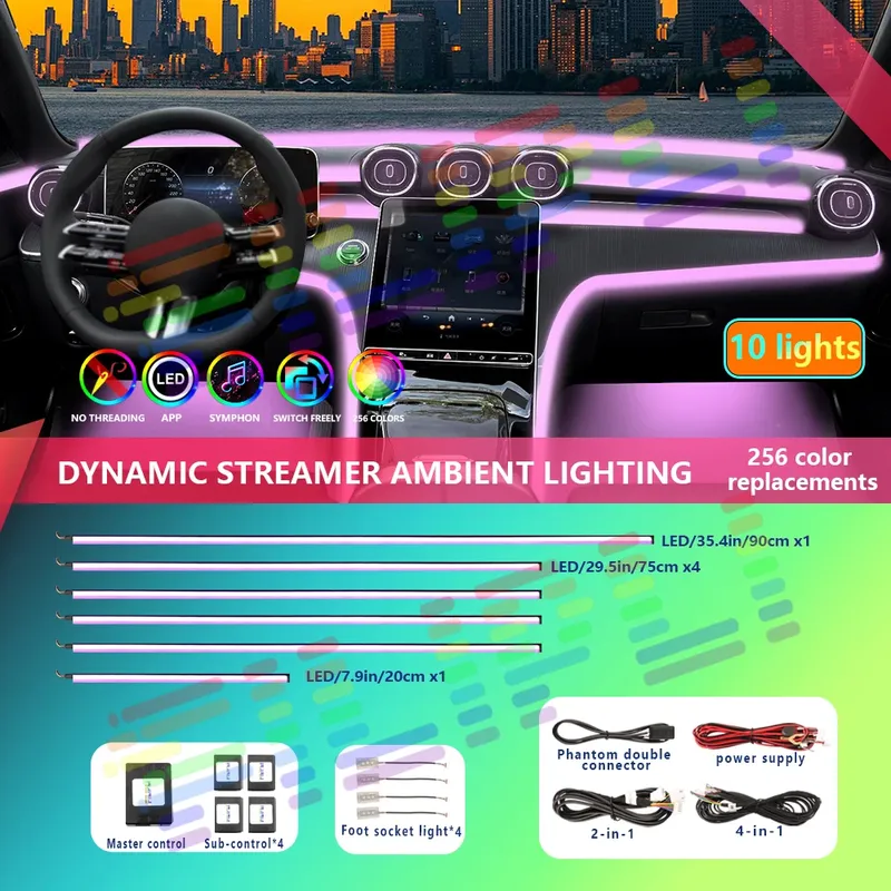 Moderne LED-Stimmungsleiste für den Autoinnenraum: 64+ Farbtöne, mehrfarbige Regenbogenbeleuchtung, mobile App-Steuerung, mehrere Effekte, verstecktes Acryl