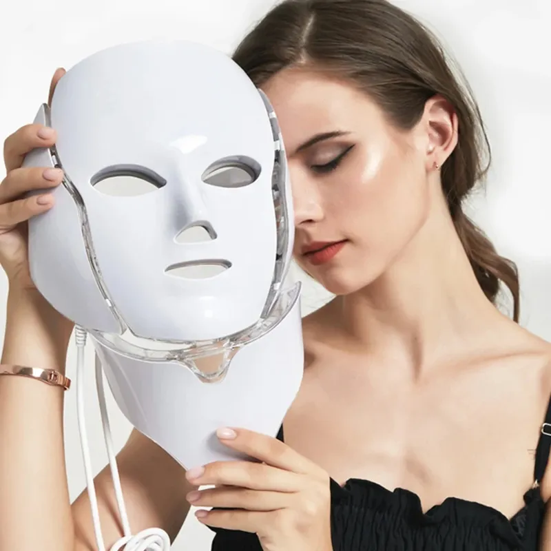 7-Farben-LED-Gesichtsmaske mit Hals, LED-Lichttherapie-Maske, Hautverjüngung, Anti-Akne-Schönheitsgerät, Face Lifting, festes Massagegerät
