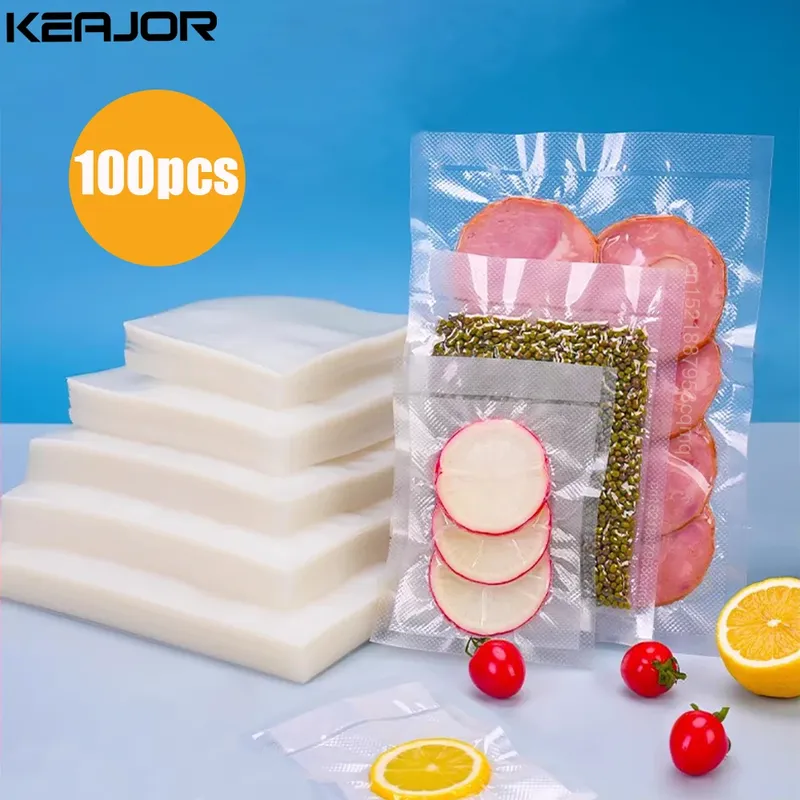 Vakuumverpackungsbeutel für Lebensmittel, 100 Stück, Lebensmittelaufbewahrung, Vakuumbeutel für Vakuumiermaschine, Lebensmittel frisch, lange leere Beutel