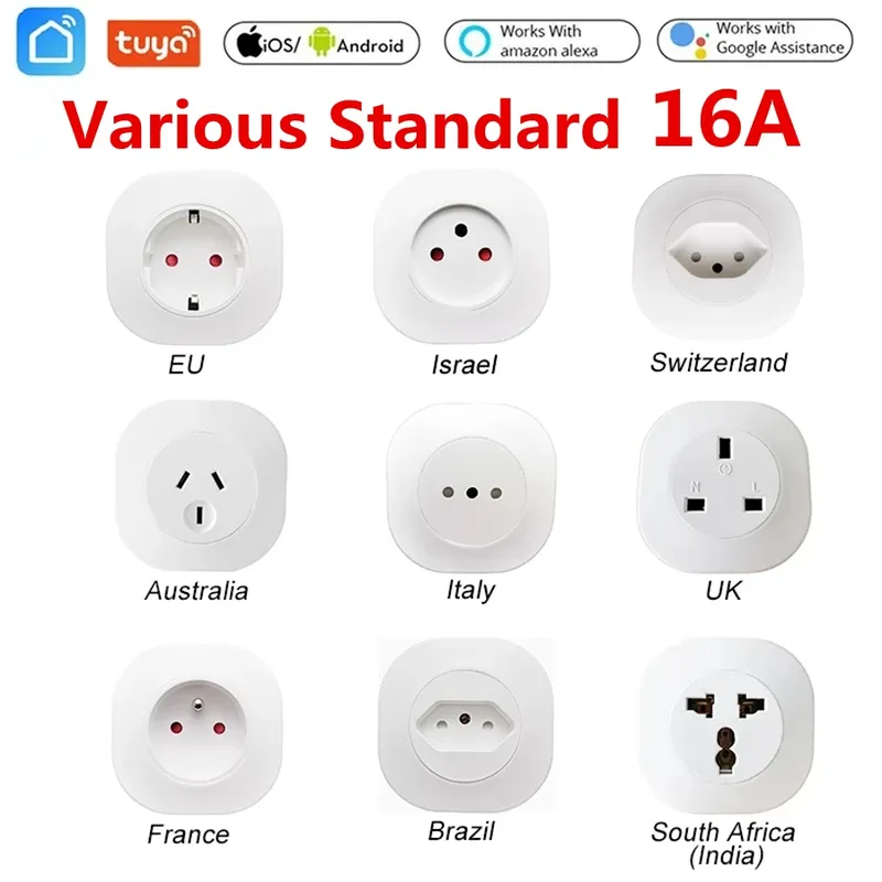16A Tuya WIFI Stecker Smart leben Steckdose UK EU AU Brasilien FR Israel IT Stecker APP Fernbedienung Arbeit Für Alexa google Assistent