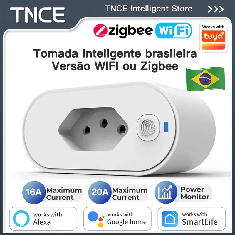 TNCE Tuya Brasilien Stecker WIFI oder ZigBee 16/20A Steckdose mit Power Monitor, Smart Outlet Fernbedienung, Stimme mit Google Home Alexa
