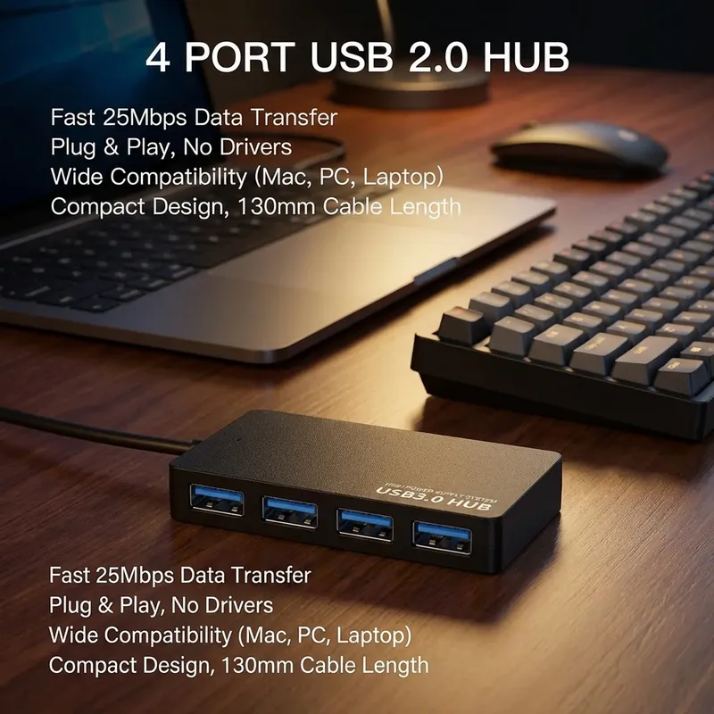 Hochgeschwindigkeits-USB 2.0-Hub, 4-Port-Datenkabel-Splitter-Adapter, Multi-System-Plug-and-Play-Expander für verbesserte Konnektivität