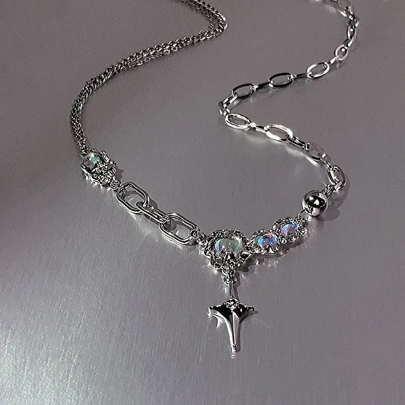 Silber Farbe Stern Anhänger Halskette Glänzenden Strass Mondstein Schlüsselbein Kette Halskette Für Frauen Party Zubehör Y2k Schmuck