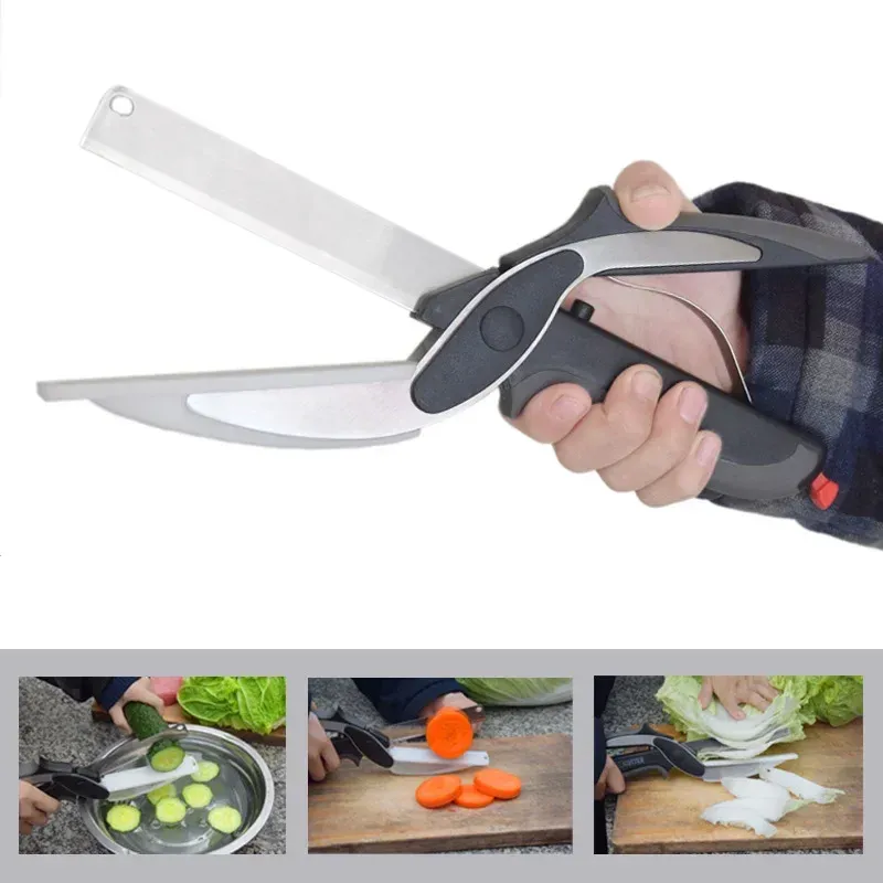 Küchenschere aus Edelstahl, 2-in-1-Schneidebrett, Zerkleinerer, Obst, Gemüse, multifunktional
