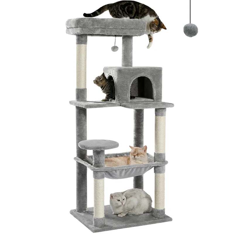 Kratzbaum für Hauskatzen, 5-stufiger Katzenturm für große Katzen mit großer Hängematte, mit Sisal überzogene Kratzbäume, gemütliche Condo-Barsch
