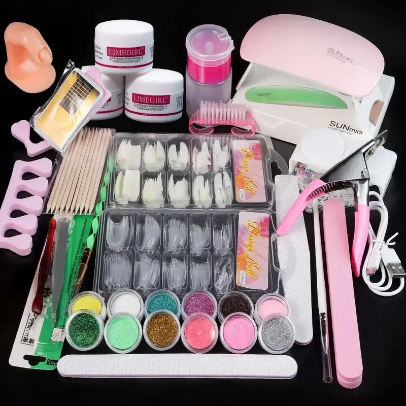 Nagel Acryl Pulver und Flüssiges Monomer Nägel Kunst Dekoration für Maniküre Set Kit Kristall Nagel Glitter 3D Nagel Tipps Schnitzwerkzeuge