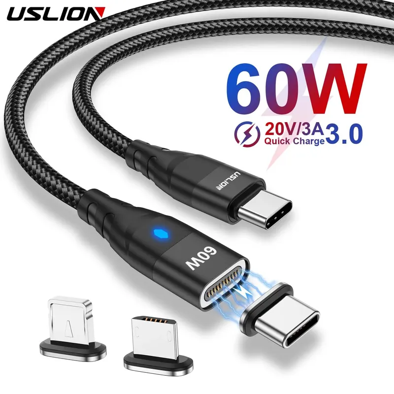 USLION PD 60 W magnetisches Schnellladekabel für iPhone 15 14 Pro Xiaomi 13 USB C auf Micro oder Typ C Datenkabel für MacBook Laptop