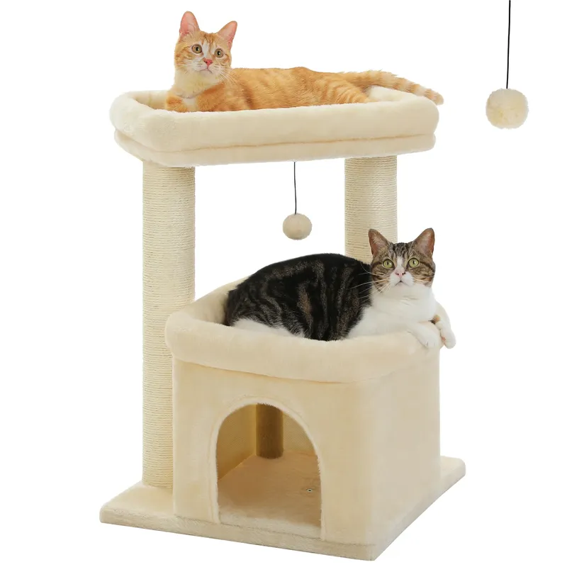 Kratzbaumturm für Hauskatzen mit privatem, gemütlichem Katzenwohnung, doppelter großer Sitzstange mit Kratzbäumen für Kätzchen