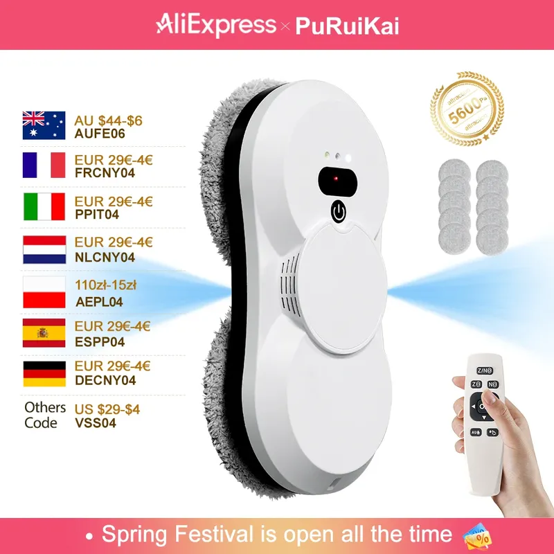 PuRuiKai Fensterputzroboter, 5600Pa Saugkraft, Zweiwege-Automatische Sprühfunktion 50ml Tank, Mehrfache Sicherheitssysteme, Mit Bürstenlosen Motoren