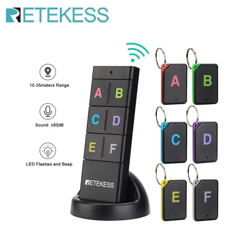Retekess TH104 Kabelloser Schlüsselfinder, RF-Schlüsselfinder, Haustier-Tracker, Geldbörsen-Tracker, Fernbedienung, 1 HF-Sender, 6 Empfänger