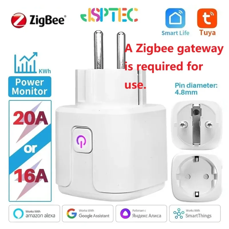 Tuya Zigbee Smart Stecker 20A EU Smart Steckdose mit Stromüberwachung, Zeitschaltfunktion, Sprachsteuerung über Alexa, Google Home, Yandex