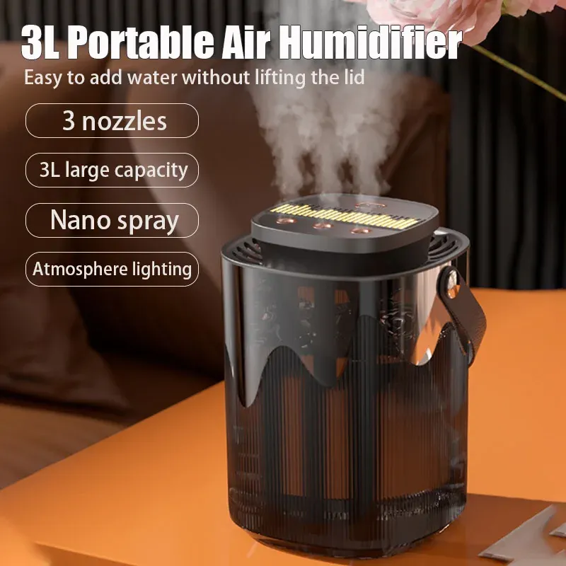 3L Luftbefeuchter Tragbarer kleiner Aromadiffusor 3 Sprühanschlüsse Große Kapazität USB Umidificador Home Ätherisches Öl Cool Mist Maker
