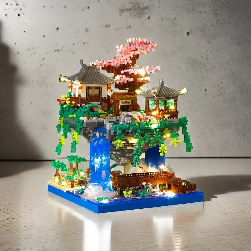 Taohuatan See Themen Mikro Ziegel Bausteine Set, Erwachsene kreative Spielzeuge, einzigartige chinesische Landschaft Modell Ziegel mit LED-Licht