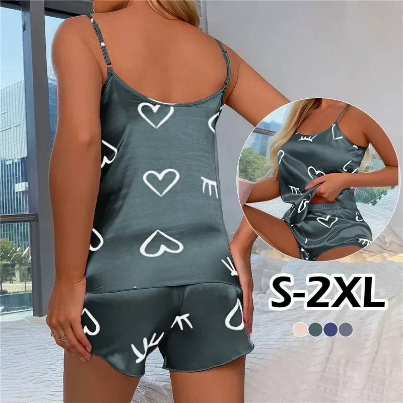 Damen-Pyjama aus Eisseide, Nachtwäsche, Pyjama-Set, Leibchen, Shorts, L, XL, XXL, Grau, Rosa, tief ausgeschnitten, bequem, lässig, Sommer