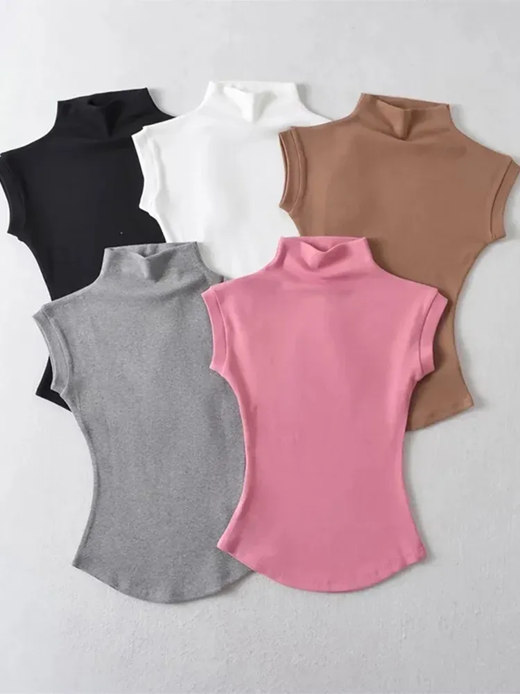 Frauen Sommer Sexy Rollkragen Ärmellose T-Shirts Tops Solide Slim Fit Pullover Casual Tees Shirts Weibliche Streetwear Grundlagen Tees