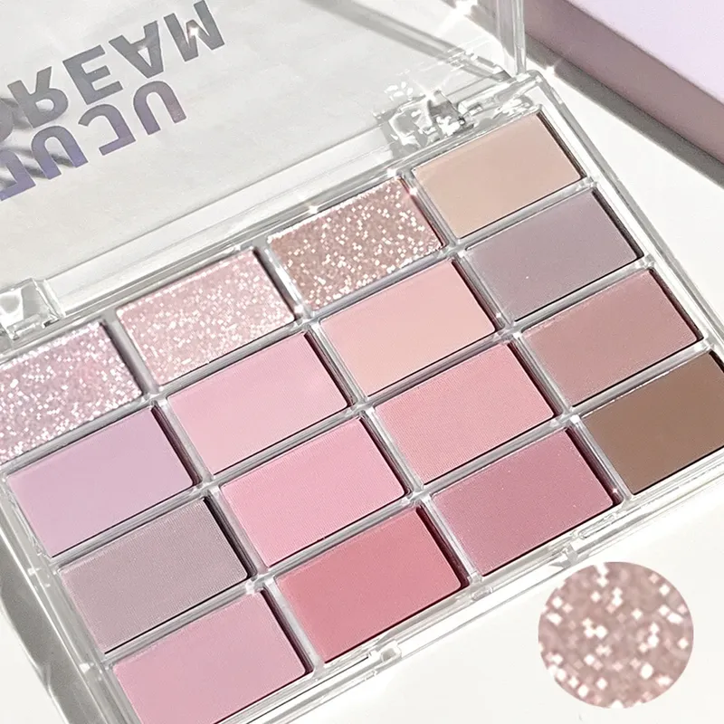 16-Farben-Lidschatten-Palette matt und schimmernd – nackte Erdtöne, seidige mischbare Textur, natürlicher Augen-Make-up-Look im koreanischen Stil