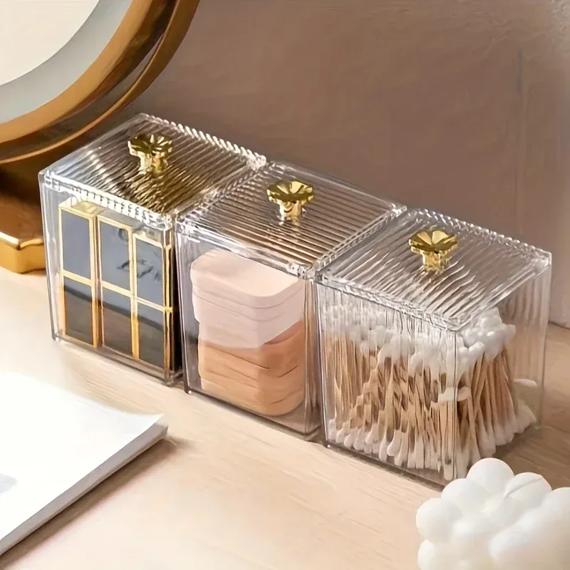 1/3 Stück transparenter Make-up-Organizer aus Acryl – goldene Griffe, staubdicht, kompakte Desktop-Waschtischbox für Schmuck/Zahnstocher/Schönheitswerkzeuge