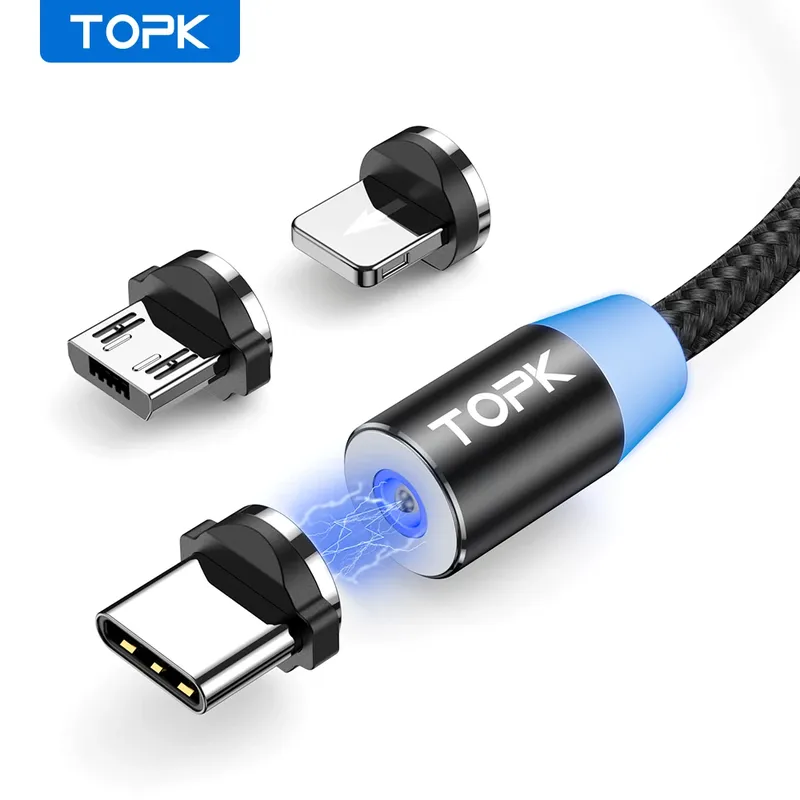 Magnetisches Ladekabel 3 in 1 topk Grad drehbares magnetisches Telefon ladekabel Nylon geflochtenes magnetisches Micro-USB-C-Kabel