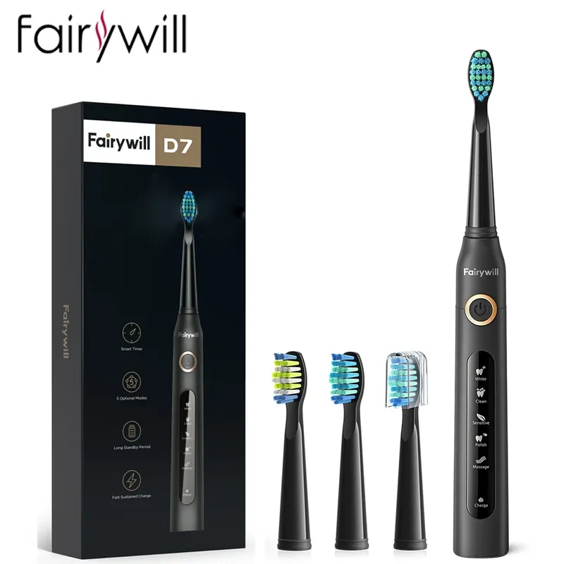 Fairywill Elektrische Schallzahnbürste, USB-Aufladung, FW-507, wiederaufladbar, wasserdicht, elektronische Zahnbürsten, Ersatzköpfe für Erwachsene