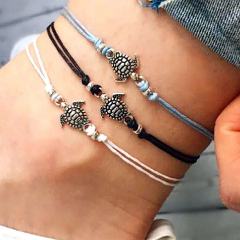 Vintage Schildkröte Fußkettchen für Frauen Sommer Strand Barfuß Häkeln Sandalen Knöchel Armbänder auf Fuß Wachs Seil Kette Schmuck