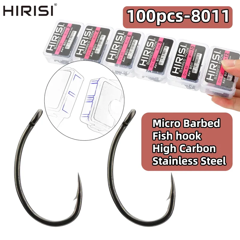Hirisi Karpfenangelhaken 50/100 Stück Box PTFE-beschichtete Hochkarbon-Stahlhaken mit Widerhaken für Karpfenangeln 8011 Angelzubehör