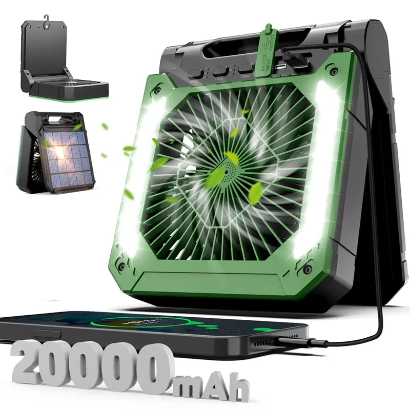 Kabelloser tragbarer elektrischer Ventilator mit LED-Licht, Zelt-, Auto- und Camping-Haken, USB- und Solarladefunktion für Wandern, Angeln, Picknick, Notfälle.