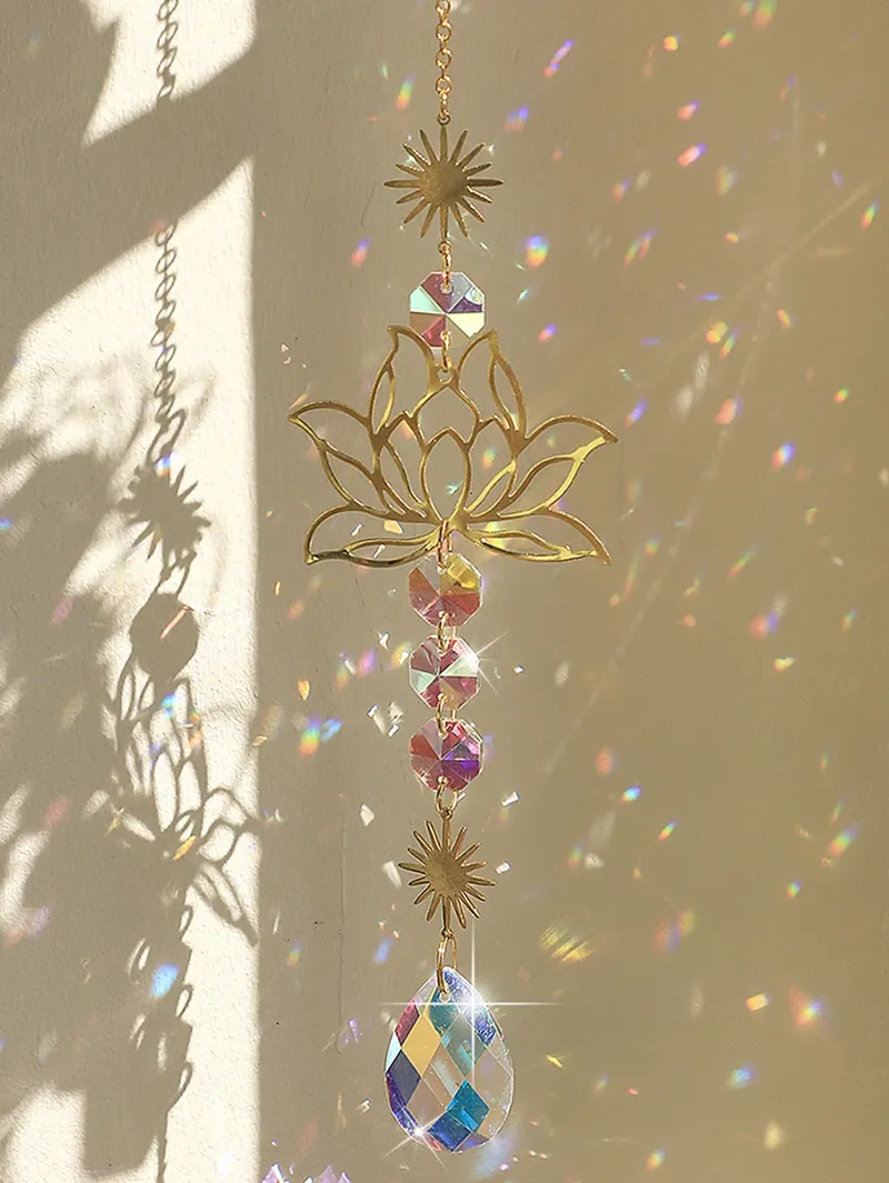 1pc Suncatcher Gartenarbeit Handwerk Goldene Lotus AB Bunte Wasser Tropfen Anhänger Kristall Dekoration Anhänger