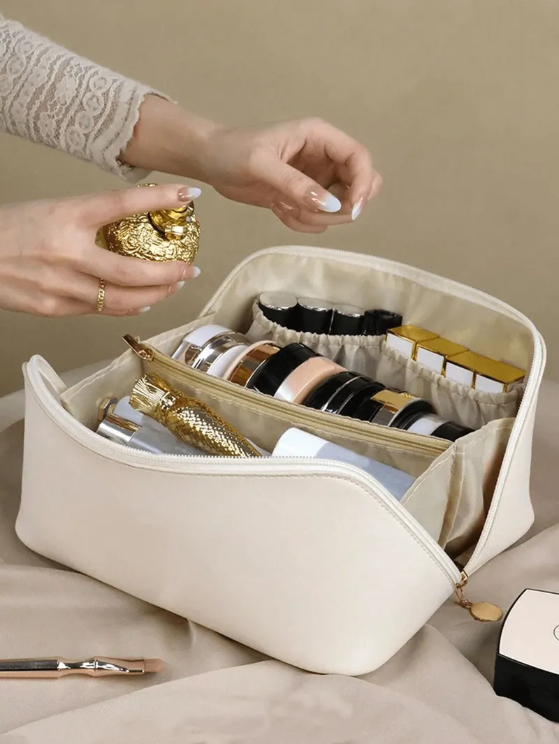 Große Reise-Kosmetiktasche für Frauen, Leder, Make-up-Organizer, weibliche Kulturbeutel, Taschen, Make-up-Koffer, Aufbewahrungstasche, luxuriöse Damenbox