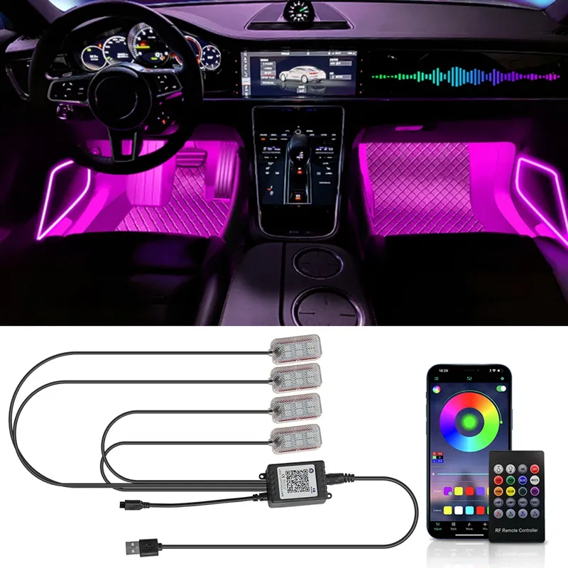 Auto Led Fuß Umgebungs Mit USB Zigarette Leichter Hintergrundbeleuchtung Musik Steuerung App RGB Auto Innen Dekorative Atmosphäre Lichter