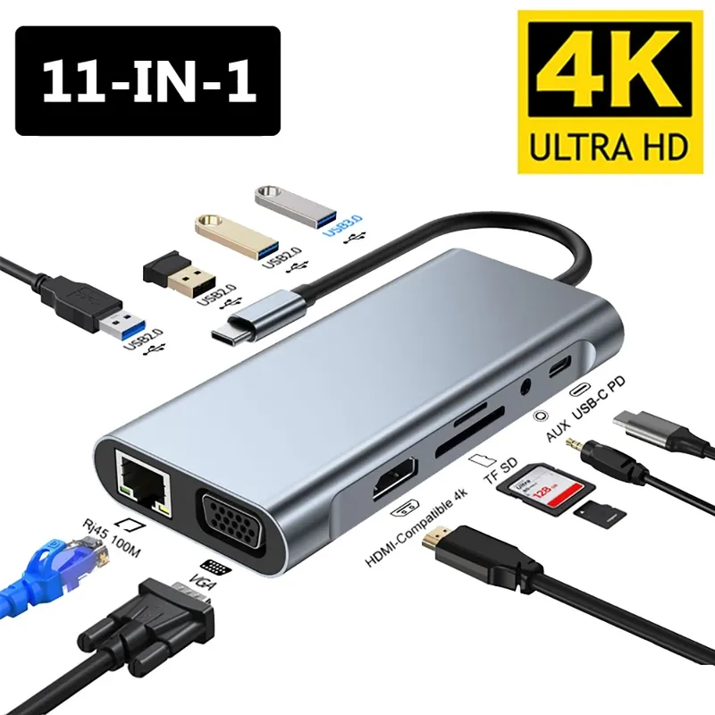 11-in-1 Typ-C Dockingstation USB 3.0 HUB USB C Splitter Typ C auf 4K HDMI VGA PD RJ45 100M Netzwerkadapter für Laptop MacBook