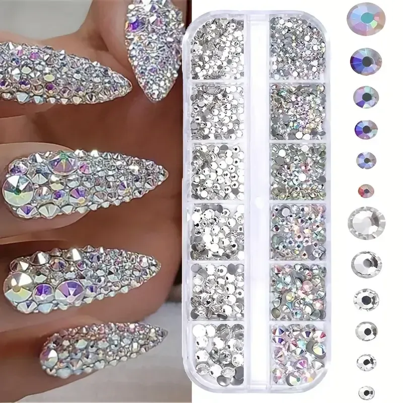 Boxed 3D-Nagel-Strasssteine mit flacher Rückseite, Nagel-Edelsteine, Glas AB und klare Kristall-Strasssteine, Kit, Nagelkunst-Charms, DIY-Maniküre-Zubehör