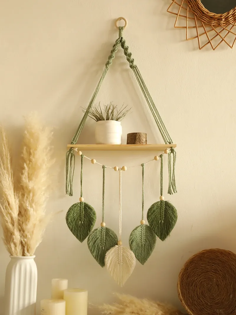 Blatt Makramee schwimmende Regal Tapisserie Kunst Hand Boho Home Dekoration Wandbehang Regal für Schlafzimmer Wand dekor Display Stand Geschenk