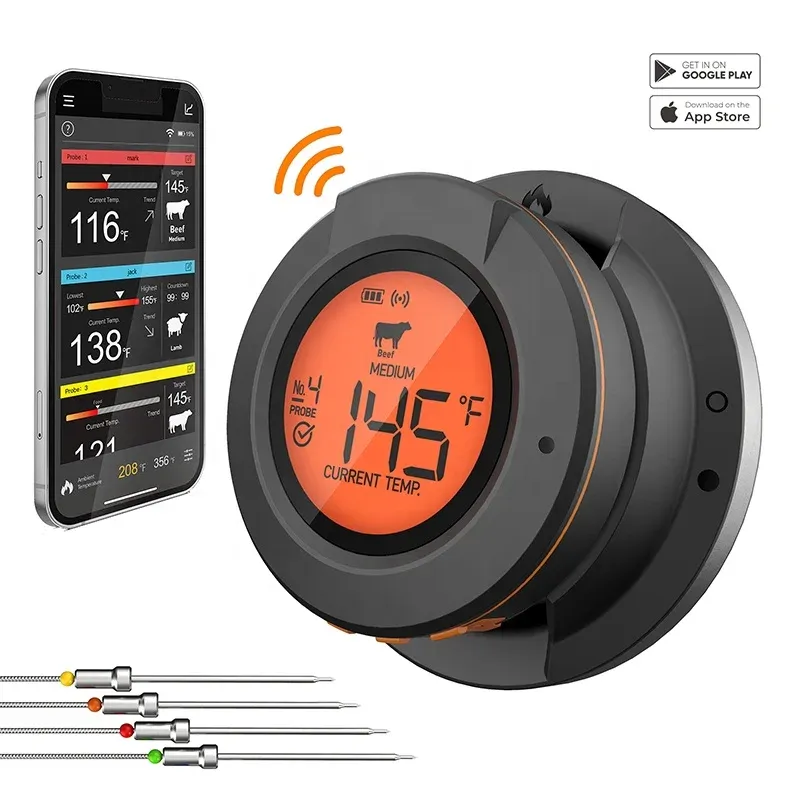 Drahtloses Fleischthermometer, digitales Bluetooth-Kochen, Lebensmittelthermometer, BBQ, Grill, Ofen, Raucher, Unterstützung, 2/4 Sonde, kostenlose App-Steuerung