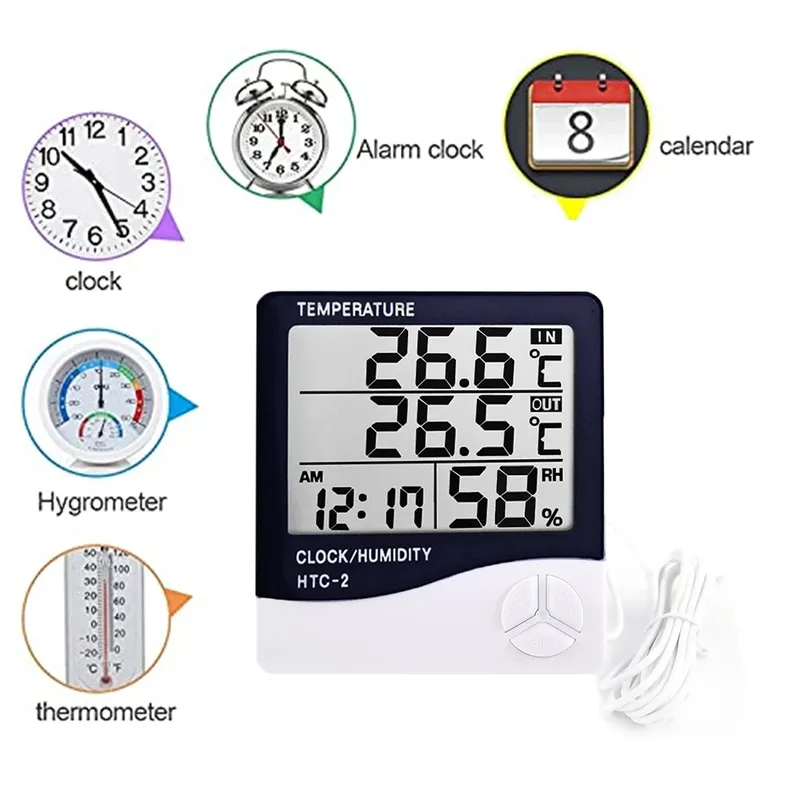 NEUES LCD Elektronisches Digitales Temperatur-Feuchtigkeitsmessgerät Thermometer Hygrometer Indoor Outdoor Wetterstation Uhr HTC-1 HTC-2
